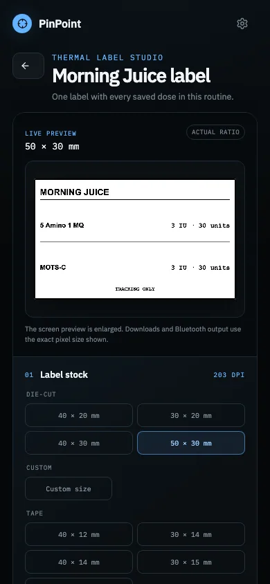 PinPoint thermal label studio previewing a compact dosing label